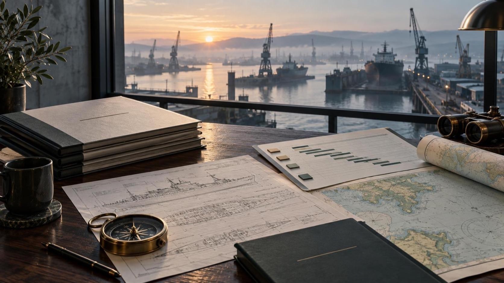 Court-led transaction planning with maritime charts, engineering drawings, evidence folders and a compass overlooking a European shipyard.